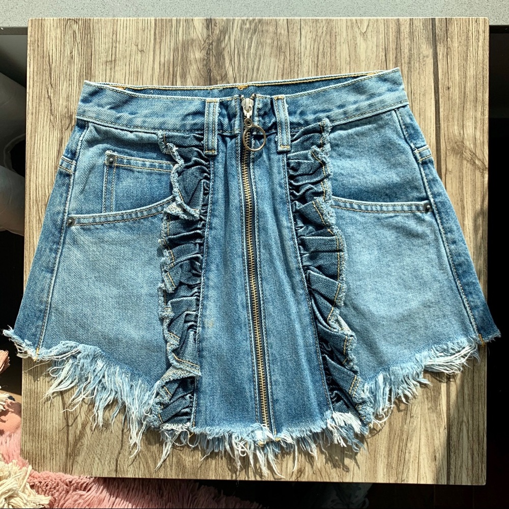 Carmar Denim Ruffled Front Zip Skirt